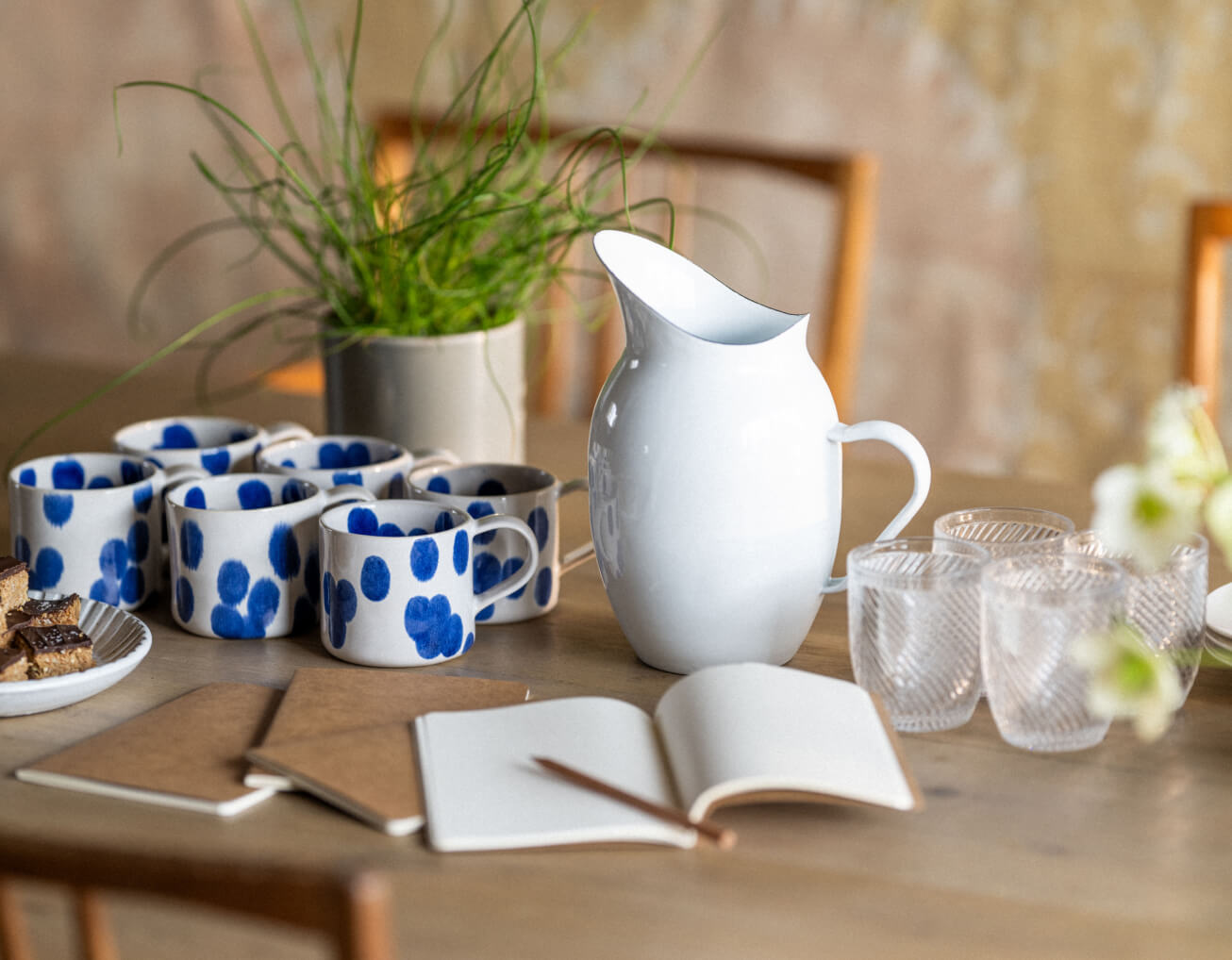 Meeting set up at Barnsgrove, Hampshire with water glasses and jug