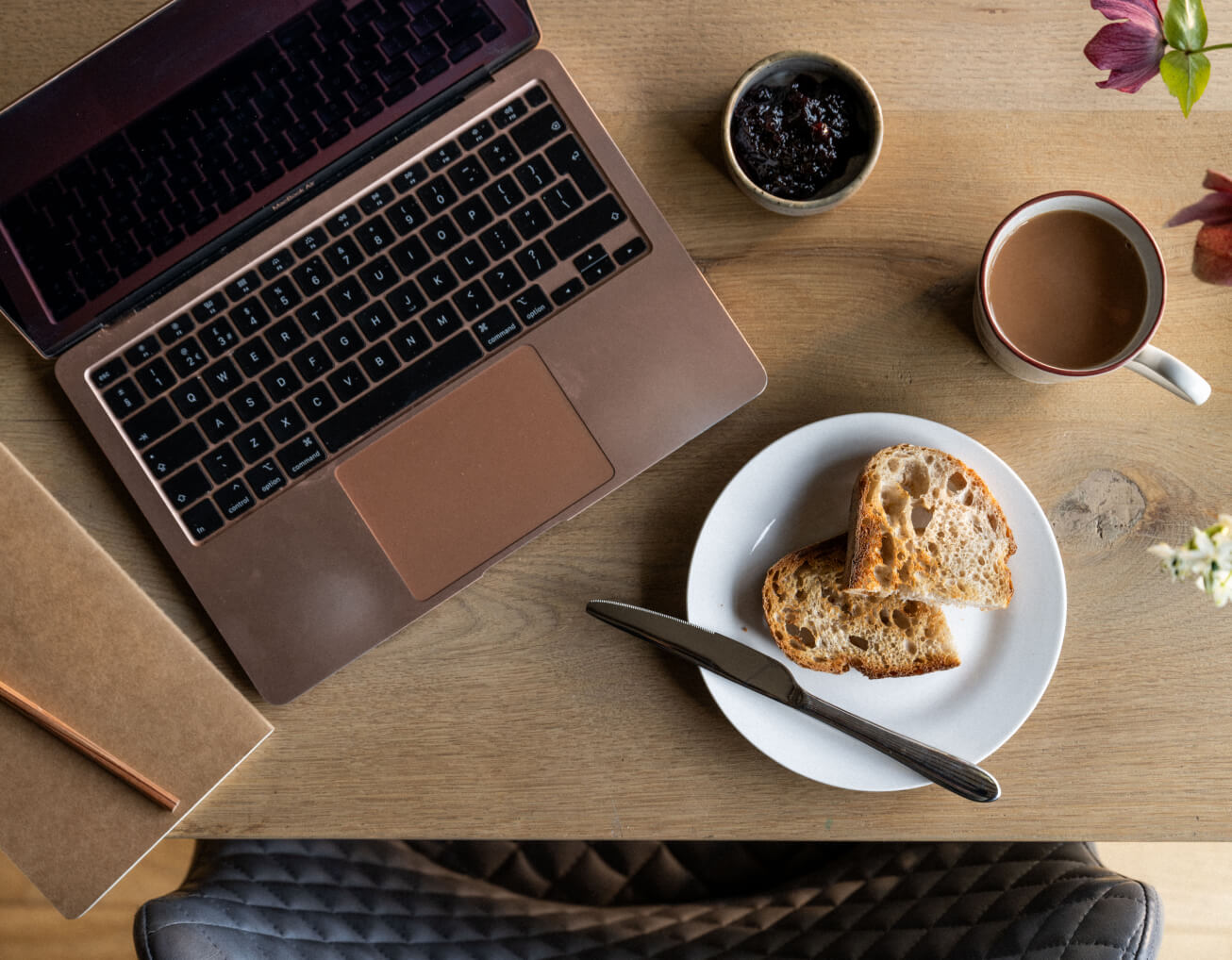 Laptop and breakfast spread at Barnsgrove, Hampshire